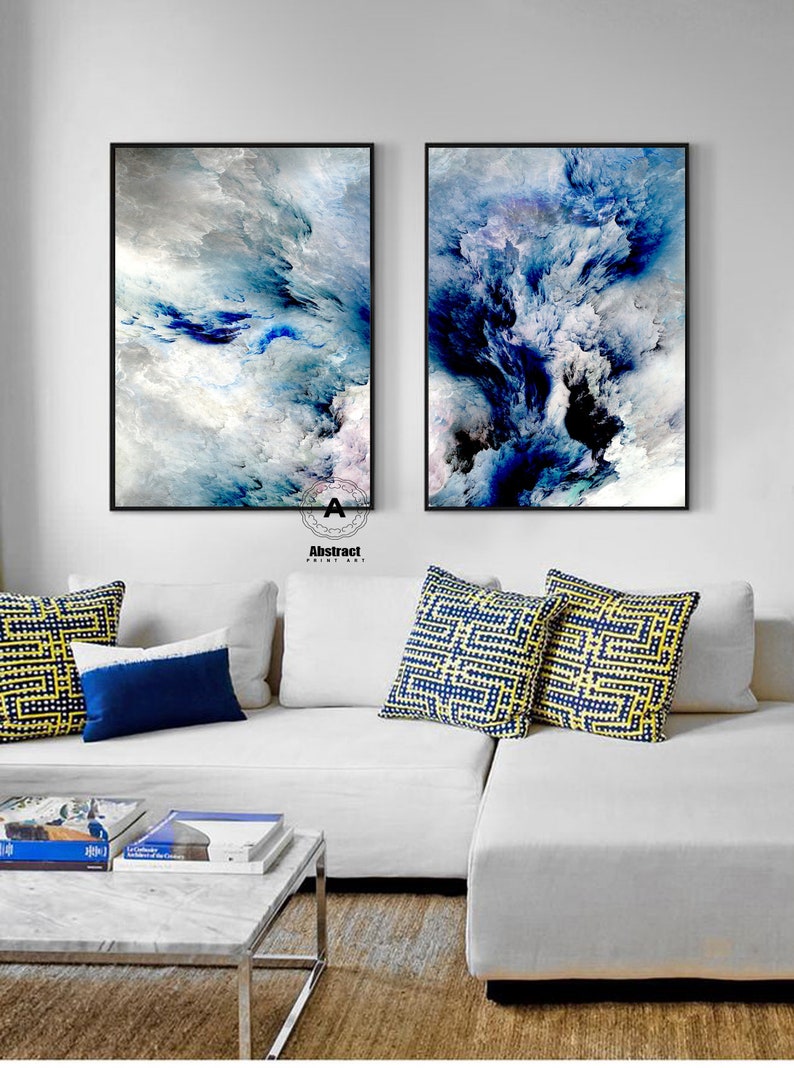 Oversized Blue White Gray wall art Set of 2 Abstract painting Etsy