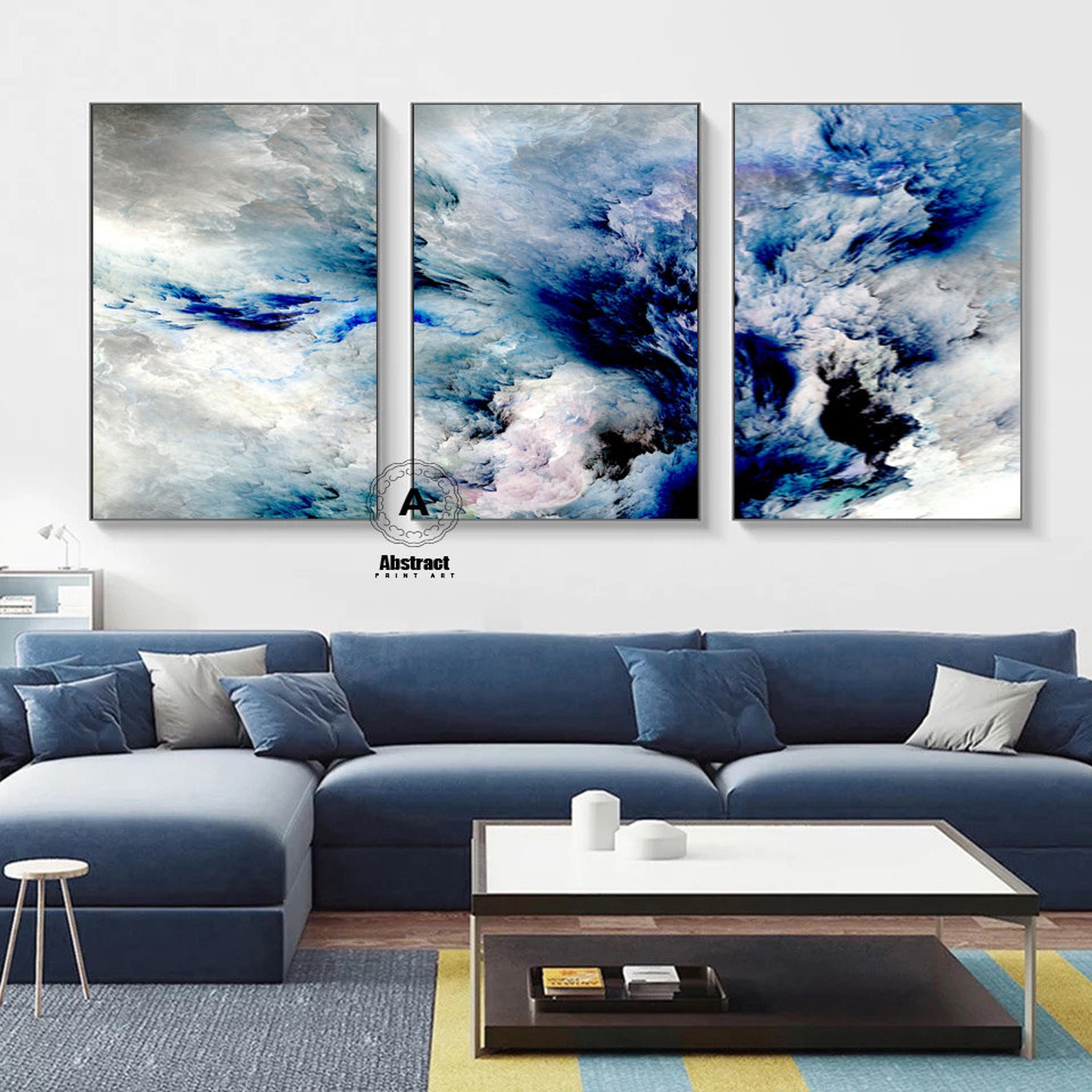 Oversized Blue White Gray wall art Set of 3 Abstract painting Etsy