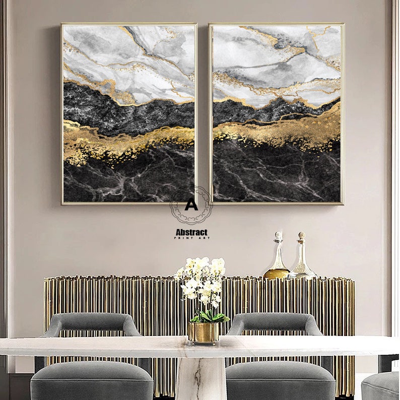 Large Black and Gold Marble Wall Decor on Canvas,Set of 2 Large Gold Giclee Gray Gold Abstract Canvas Print Modern Large Marble Artwork