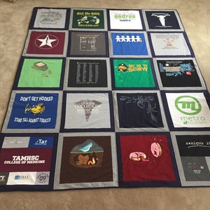 May include: A quilt made from a variety of t-shirts, featuring a variety of designs and text, including "Kick the Habit", "Doctor", "Don't Get Hooked", "Stand Tall Against Tobacco", "TAMHSC College of Medicine", "Say No to Scurvy", "Metro McAllen", and "Seniors 2003".