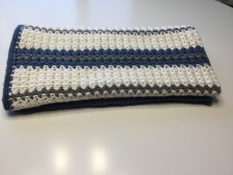 Gray and Dark Blue Modern Crocheted Baby Blanket in White