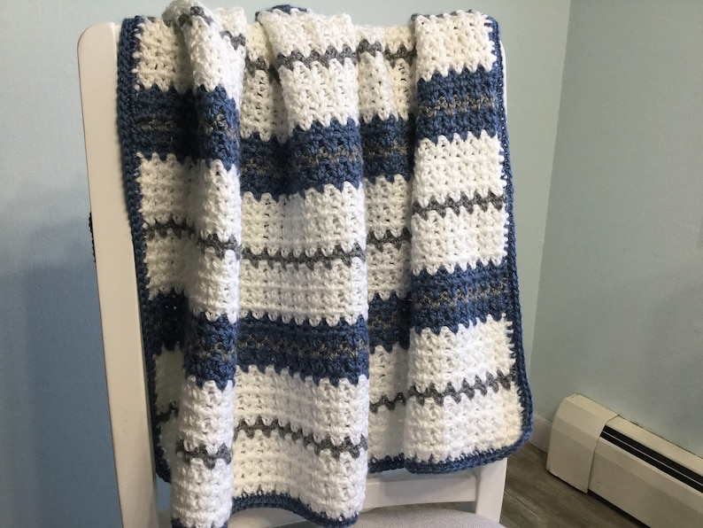Gray and Dark Blue Modern Crocheted Baby Blanket in White