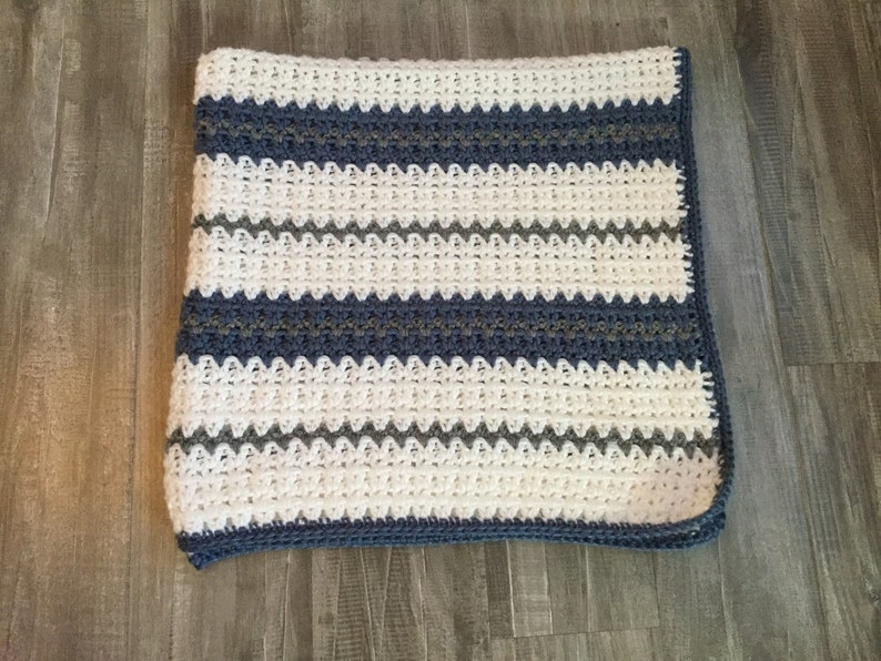 Gray and Dark Blue Modern Crocheted Baby Blanket in White