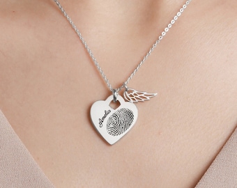 Fingerprint Jewelry, Heart Necklace with Angel Wing, Fingerprint Necklace, Memorial Jewelry, Necklace With Thumbprint,Custom Gift
