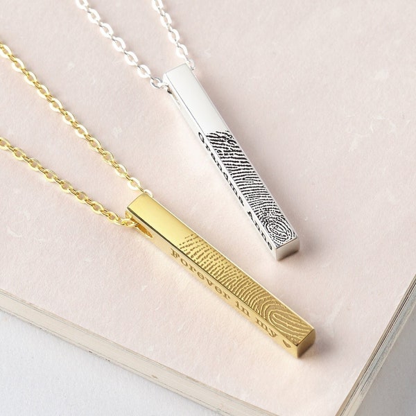 Actual Fingerprint Necklace, Thumbprint Jewelry, 4 Sided Bar Necklace With Fingerprint, Memorial Gift, In Memory Of Deceased Gift