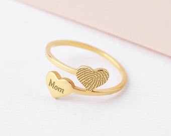 Double Heart Fingerprint Ring, Custom Fingerprint Ring, Personalized Fingerprint Jewelry, Memorial Gift, Memorial Thumbprint Ring