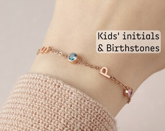 Kid Initial Bracelet With Birthstone, Mom Bracelet Birthstone, Mothers Bracelet, Mom Gift, Birthstone Jewelry, Family Birthstones