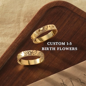 Birth Flower Ring, Christmas Gifts For Mom, Mothers Ring, Mom Ring Gold, Family Floral Ring, Custom Mother Jewelry, Birth Flower Jewelry