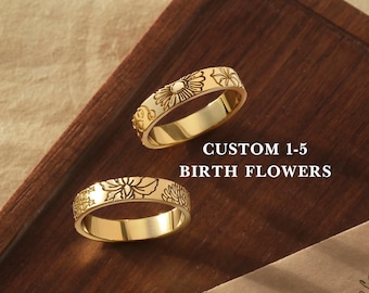 Anello con fiore di nascita, anello floreale, anello per la mamma, regalo di gioielleria personalizzato, anello in oro, anelli da donna, gioielli con fiore di nascita, gioielli per la mamma