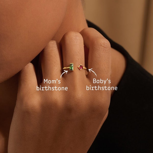 Duo Birthstone Ring, Mother's Day Jewelry, Gift For New Mom, Ring For Mom, Personalized Gift For New Mom, Birthday Gifts For Mom