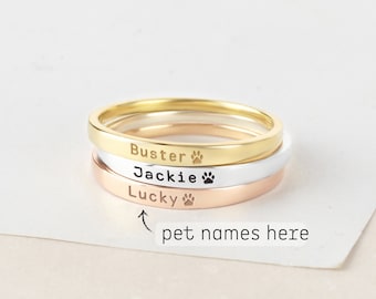 Pet Name Ring • Custom Paw Print Ring •  Pet Memorial Gift  • Loss of Dog Cat Gift • Stackable Name Ring