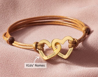 Personalized Heart Charm Bracelet, Gold Heart Bracelet, Mom Bracelet With Kids Names, Mothers Day Gift For Mom, Mom Jewelry