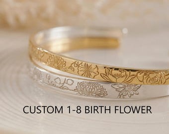 Brazalete personalizado para mamá, pulsera con flor de nacimiento, pulsera para mamá, brazalete con mensaje secreto, brazalete de oro grabado, joyería para madres