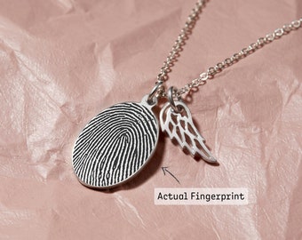 Fingerprint Necklace With Angel Wing Charm, Fingerprint Jewelry,  Thumbprint Jewelry, Sympathy Gift, In Memory Of Mom Necklace