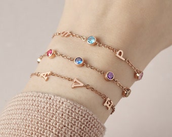 Birthstone And Initial Bracelet, Mom Bracelet, Mothers Day Gift For Mom, Birthstone Jewelry For Mother, Birthstone Initial Bracelet