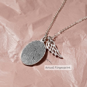 Fingerprint Necklace With Angel Wing Charm, Fingerprint Jewelry,  Thumbprint Jewelry, Sympathy Gift, In Memory Of Mom Necklace