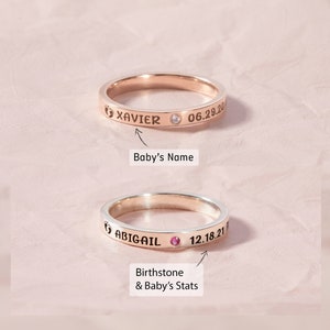 Personalized New Mom Gift, New Mom Ring, New Mom Jewelry, Baby Name Ring With Birthstone, Baby Stats, First Mothers Day Gifts