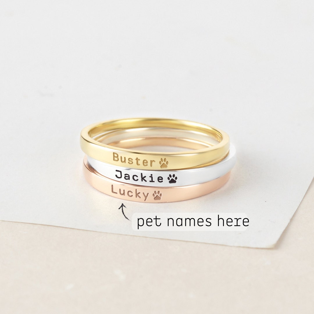 Pet Name Ring Custom Paw Print Ring Pet Memorial Gift Loss of Dog Cat Gift Stackable Name Ring