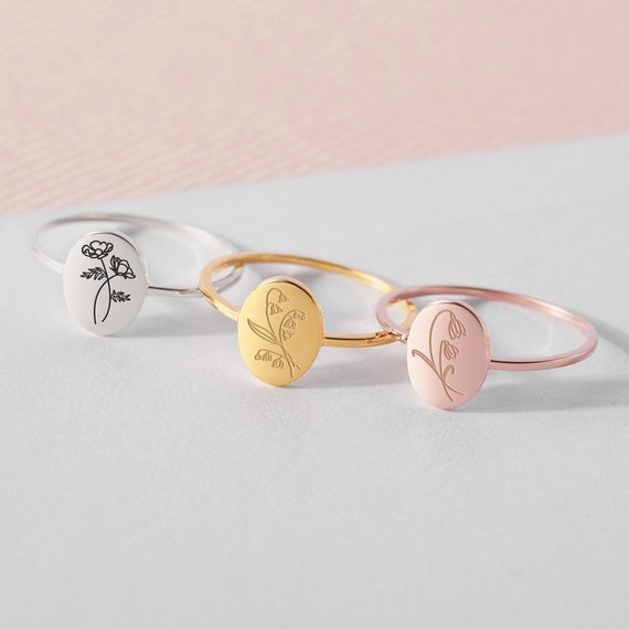 Personalized Birth Flower Ring Custom Birthday Gift Birth Flower