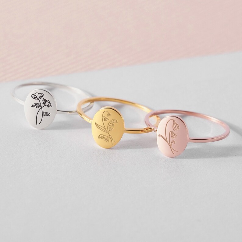Personalized Birth Flower Ring Custom Birthday Gift - Etsy