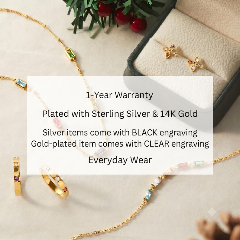 May include: A gold-toned necklace featuring small rectangular multi-colored gemstones, a gold ring with inset stones, and a pair of gold flower-shaped stud earrings in a box. Text reads: 1-Year Warranty, Plated with Sterling Silver & 14K Gold, Silver items come with BLACK engraving, Gold-plated item comes with CLEAR engraving, Everyday Wear.