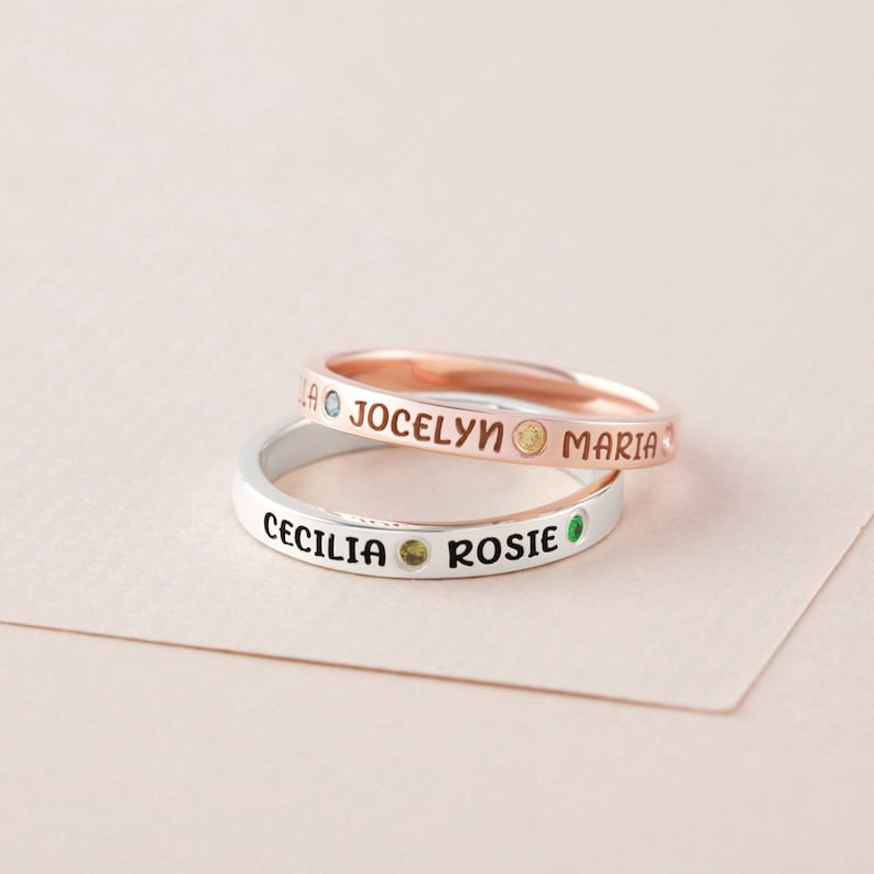 Mom Ring With Kids Names Personalized Mother Ring Birthstone - Etsy