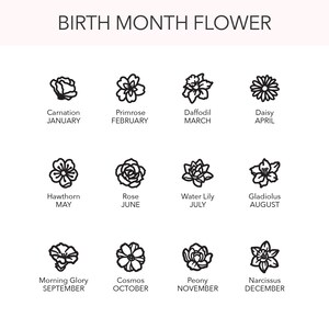 May include: A white graphic featuring twelve different flower illustrations, each representing a birth month. The text "BIRTH MONTH FLOWER" is at the top. Each flower is labeled with its name and the corresponding month.
