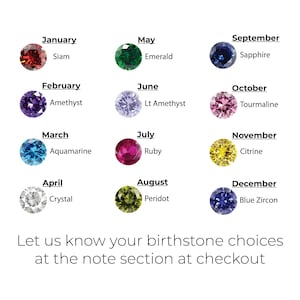 May include: A chart displaying twelve circular birthstones labeled by month and name: January Siam, February Amethyst, March Aquamarine, April Crystal, May Emerald, June Lt Amethyst, July Ruby, August Peridot, September Sapphire, October Tourmaline, November Citrine, December Blue Zircon. Text reads: Let us know your birthstone choices at the note section at checkout.
