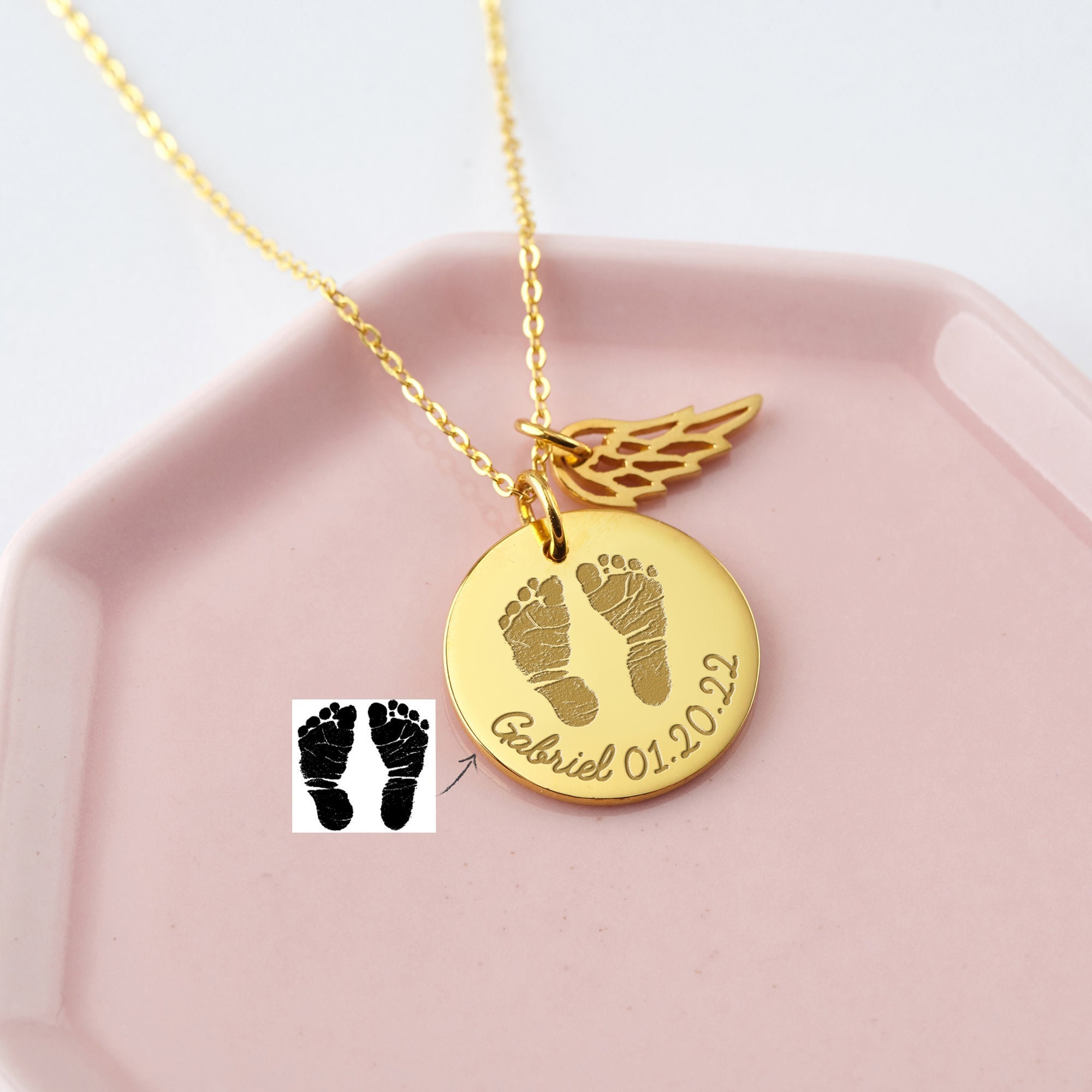 Engraved Baby Footprints or Handprints Necklace with Birthstone Charm -  Danique Jewelry