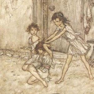 Impression originale de 1919 d&#39;Arthur Rackham Art Nouveau de « Songe d&#39;une nuit d&#39;été » « elle était une renarde quand elle allait à l&#39;école »