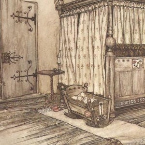 Peut inclure: Une illustration en noir et blanc d'une chambre de bébé avec un berceau, un lit à baldaquin et une porte. Le berceau se balance et le bébé dort à l'intérieur. Il y a une petite table à côté du berceau avec une bougie dessus.