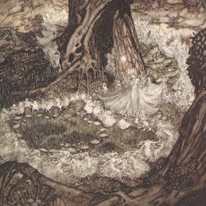 Estampe originale d&#39;Arthur Rackham Fairy de 1919 tirée de « Le Songe d&#39;une nuit d&#39;été », « Viens maintenant, une cocarde »