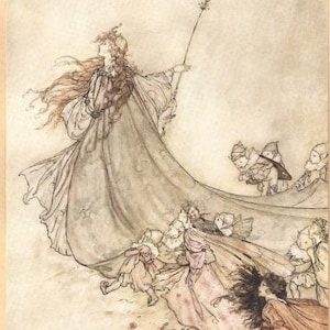 Impression originale de 1919 d&#39;assiettes de fées Art nouveau Art nouveau d&#39;Arthur Rackham du « Songe d&#39;une nuit d&#39;été », « Fairies away ».