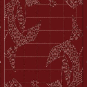 May include: A red background with a white geometric pattern. The pattern is a traditional Japanese sashiko design. The design is called "WAGARA" and is part of a larger panel. The text "Noohl Gift - Sashiko Panel Part & by Hitomi Fujita for QH Textiles @ www.ghtextiles.com - HF1117" is at the bottom of the image.