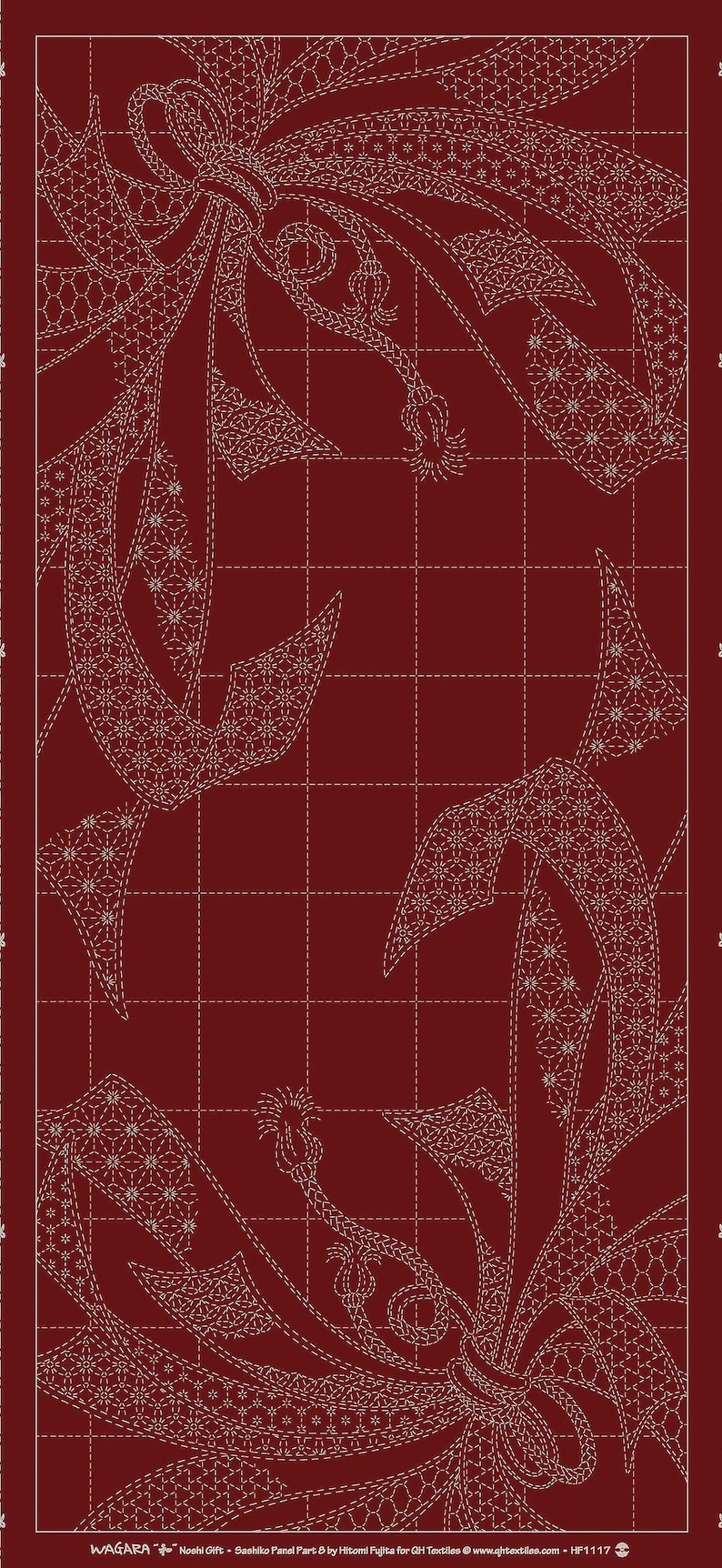 May include: A red background with a white geometric pattern. The pattern is a traditional Japanese sashiko design. The design is called "WAGARA" and is part of a larger panel. The text "Noohl Gift - Sashiko Panel Part & by Hitomi Fujita for QH Textiles @ www.ghtextiles.com - HF1117" is at the bottom of the image.