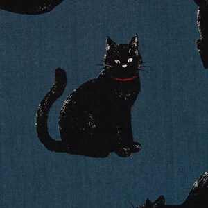 May include: A blue fabric with a repeating pattern of black cats. The cats are in various poses, some are sitting, some are standing, and some are curled up. The fabric has a subtle texture.