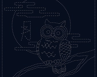 Sashiko Cloth "Owl" - Hand Printed with Water Soluble Ink - 30cm x 30cm(12" x 12")