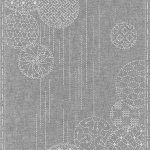 May include: A grey fabric background with white stitched circles featuring different geometric patterns. The text "RFD-ARD-035. Windchimes. Designed by Hikomi Fujita for OH Festival © 2024" is at the bottom of the image.