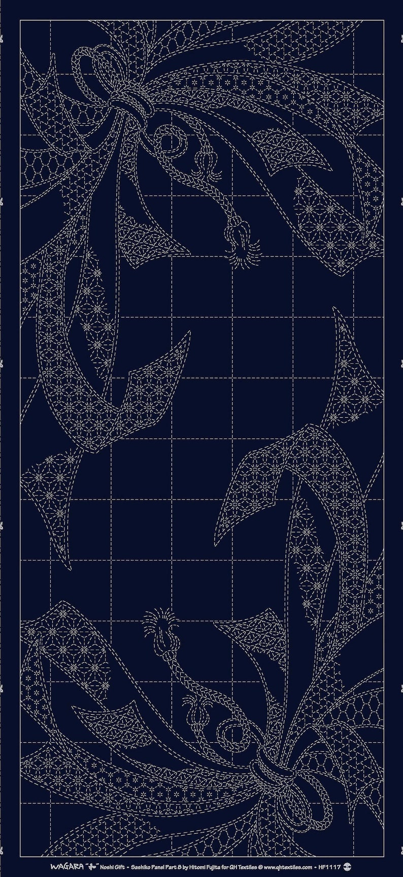May include: A blue fabric panel with a white sashiko stitch design. The design features a repeating pattern of stylized flowers and leaves. The fabric is divided into a grid with white lines.