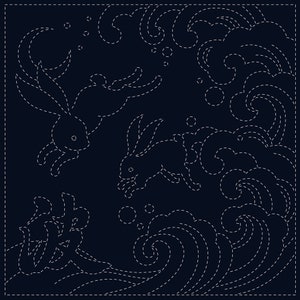 Tkanina Sashiko „Ara-Nami” – nadruk ręczny tuszem rozpuszczalnym w wodzie – 30 cm x 30 cm (12" x 12")