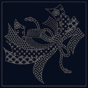 May include: White embroidery on a dark blue fabric background. The embroidery is a stylized floral design with a variety of geometric patterns.