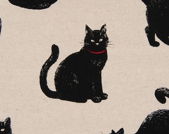 Large Black Cat Printed Fabric - Cotton/Linen Blend Canvas - Printed in Japan