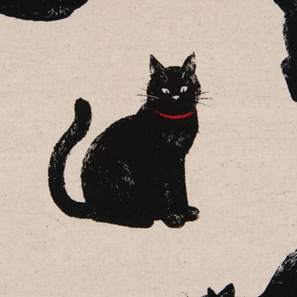 Large Black Cat Printed Fabric - Cotton/Linen Blend Canvas - Printed in Japan