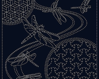 Sashiko Cloth &quot;Dragonfly&quot; - Hand Printed with Water Soluble Ink - 30cm x 30cm(12&quot; x 12&quot;)