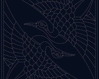 Sashiko Cloth "Two Cranes" - Hand Printed with Water Soluble Ink - 30cm x 30cm(12" x 12")