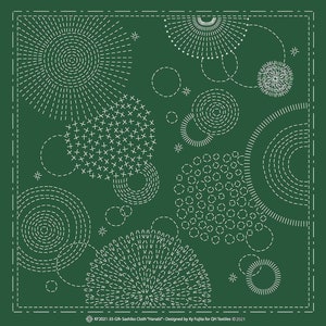 May include: A green fabric with white stitching in a geometric pattern of circles, stars, and other shapes. The text "KF2021-35-GR-Sashiko Cloth "Hanabi" Designed by Ky Fujita for QH Textiles &copy;2021" is at the bottom of the fabric.