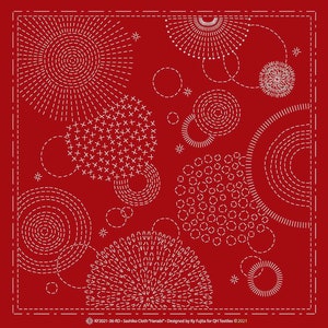May include: A red fabric with white stitching in a geometric pattern of circles, stars, and other shapes. The text "KF2021-36-RD - Sashiko Cloth "Hanabi" - Designed by Ky Fujita for QH Textiles &copy;2021" is at the bottom of the fabric.