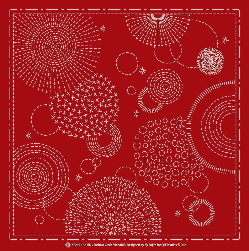 May include: A red fabric with white stitching in a geometric pattern of circles, stars, and other shapes. The text "KF2021-36-RD - Sashiko Cloth "Hanabi" - Designed by Ky Fujita for QH Textiles &copy;2021" is at the bottom of the fabric.