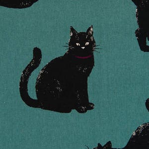May include: A teal blue background with a repeating pattern of black cats. The cats are in various poses, some are sitting, some are standing, and some are curled up. One cat is wearing a pink collar.