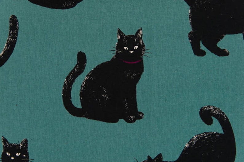 May include: A teal blue background with a repeating pattern of black cats. The cats are in various poses, some are sitting, some are standing, and some are curled up. One cat is wearing a pink collar.
